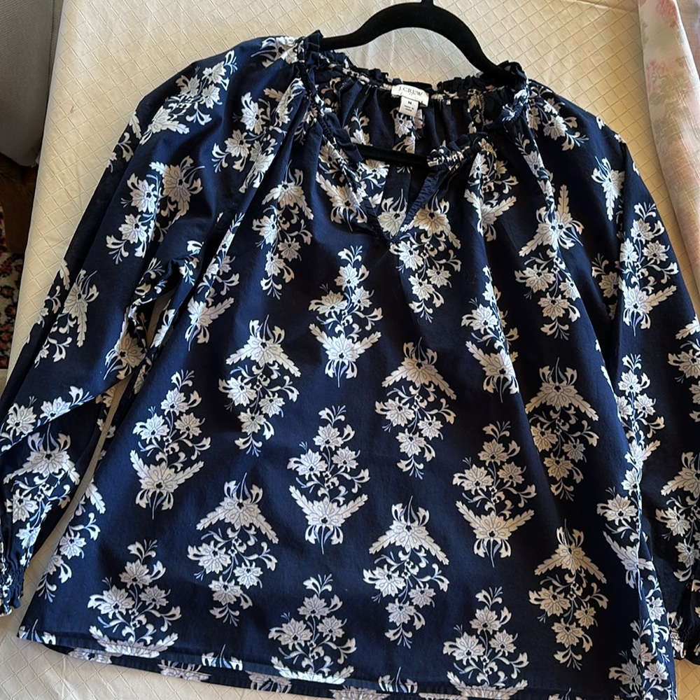 J. Crew Blue and White Tie Front Blouse 3/4 Sleeve